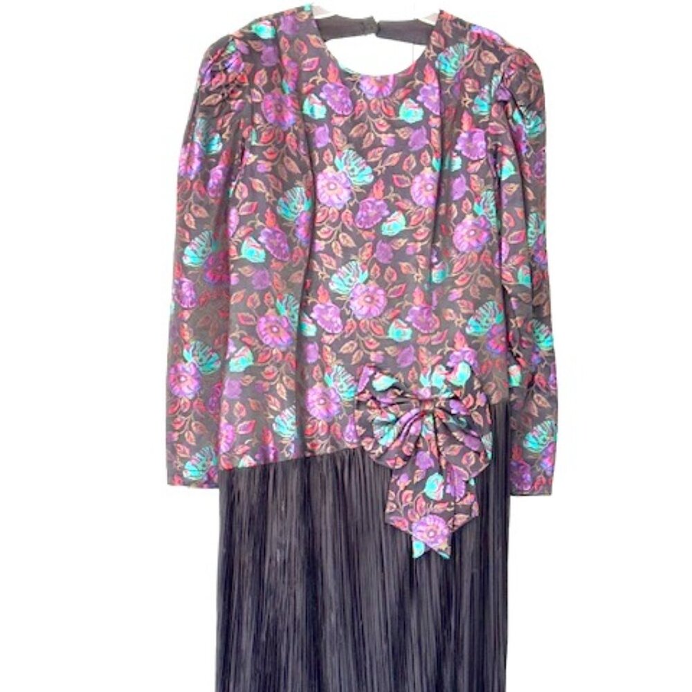 Vintage Damask Brocade Woven Shine Floral Dress with Slant Waist SZ 14